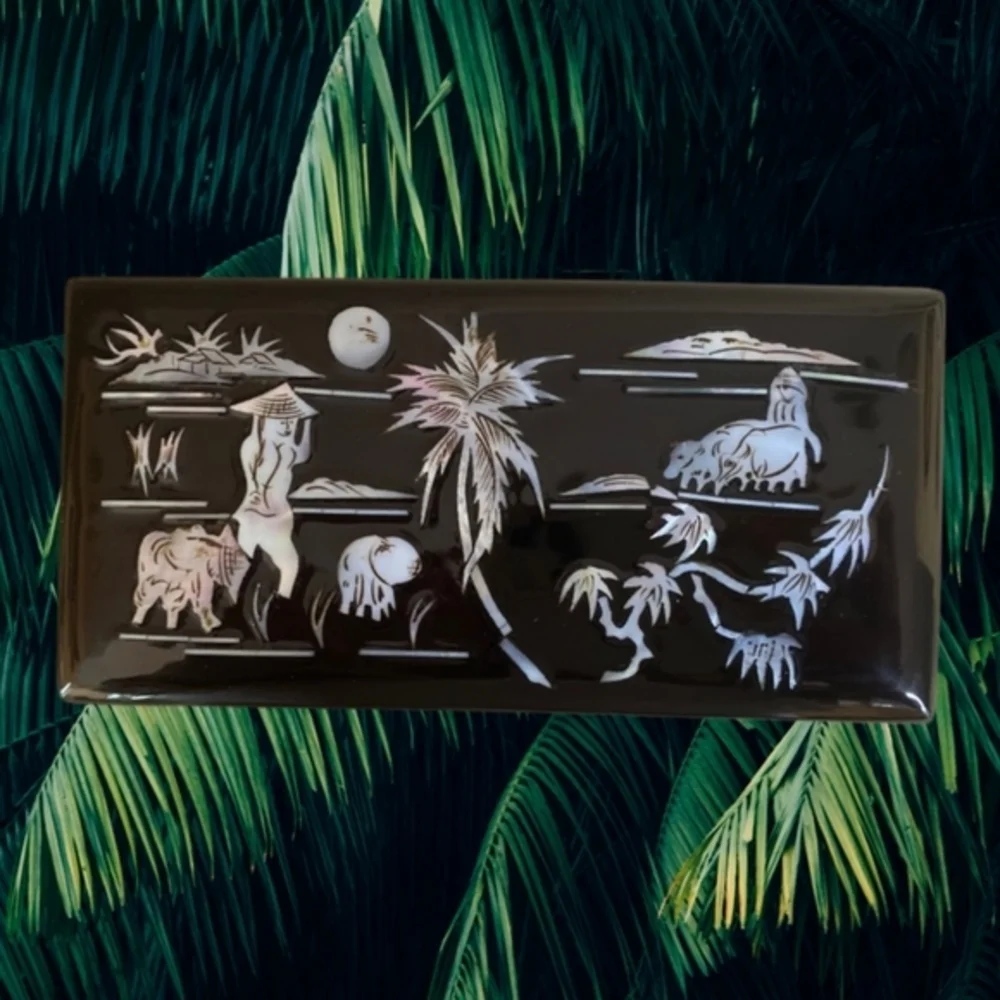 Handmade Lacquered Wooden Trinket Jewelry‎ Box Mother of Pearl Inlay With Mirror